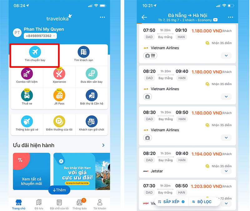 Cách đặt vé máy bay trên app Traveloka